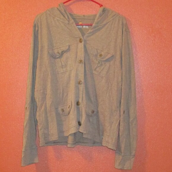Carhartt Woman XX Large Brown Pockets Button Down Long Sleeve Hooded Shirt - Picture 1 of 9